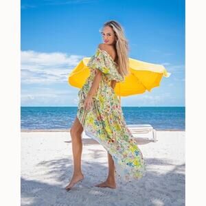 LoveShackFancy Yellow Floral Weller High Low Maxi Dress Size Small